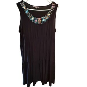 NY Collection Black Beaded Tank Dress Women's XL‎ Sleeveless Gemstone Neckline